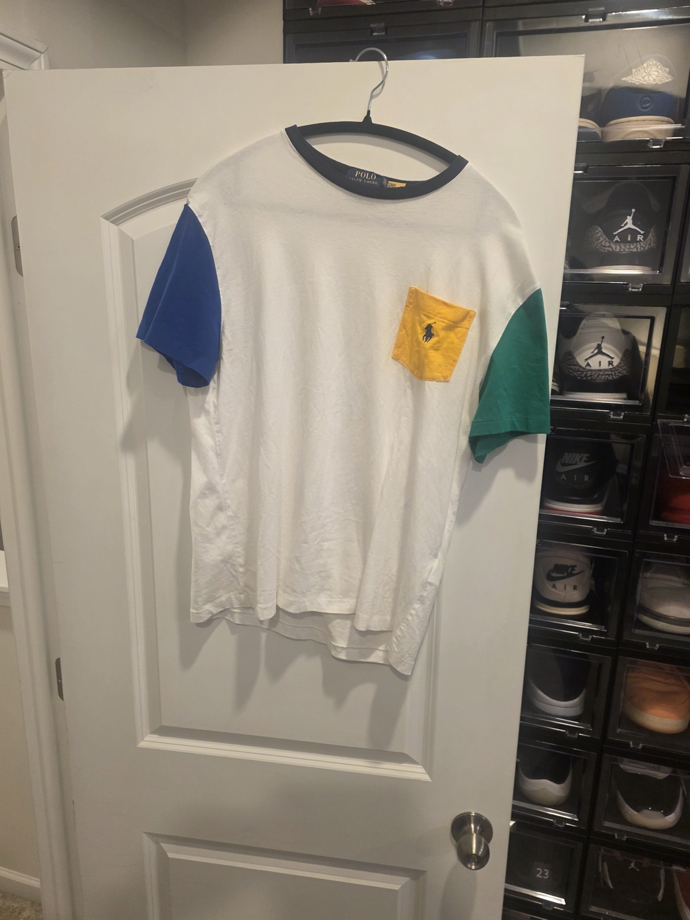 Polo by Ralph Lauren White Tee with Blue and Green Sleeves & Yellow Pocket